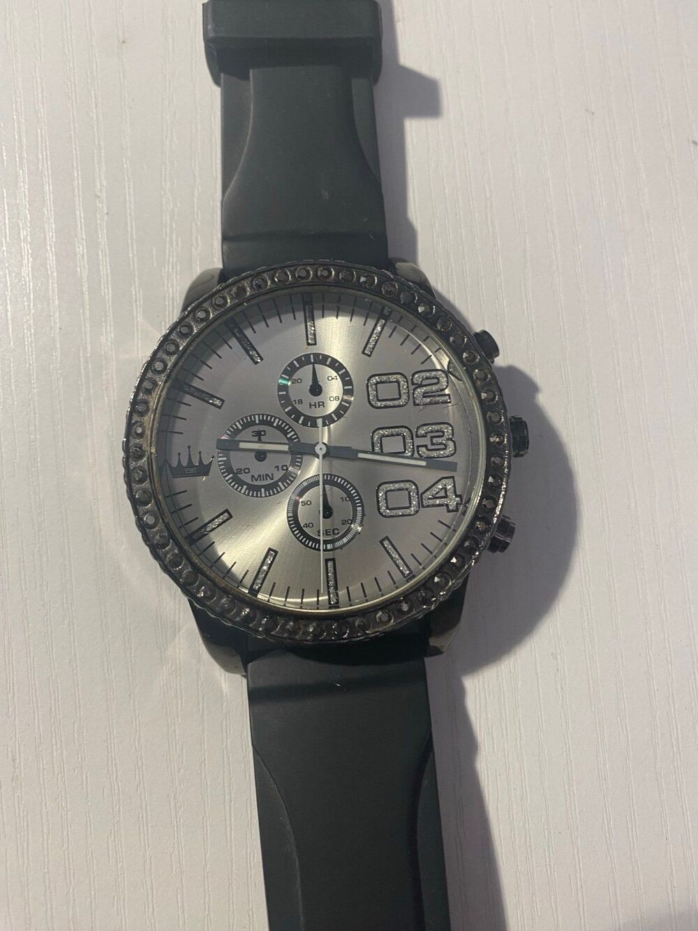 Men’s Rhinestone Chronograph Quartz Watch Black Rubber Strap Working